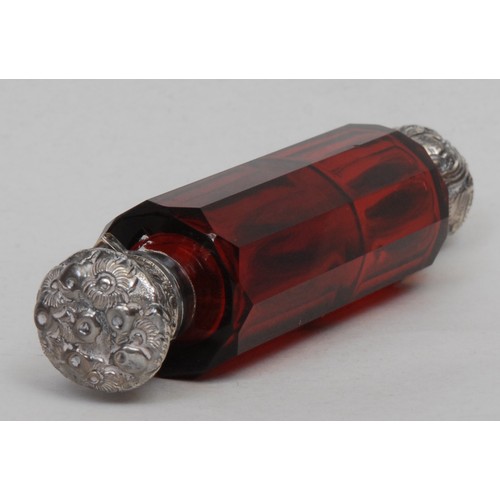 1197 - A Victorian silver mounted ruby glass double-ended scent and smelling salts bottle, the hinged and s... 