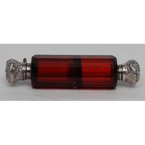 1197 - A Victorian silver mounted ruby glass double-ended scent and smelling salts bottle, the hinged and s... 