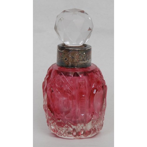 1197 - A Victorian silver mounted ruby glass double-ended scent and smelling salts bottle, the hinged and s... 