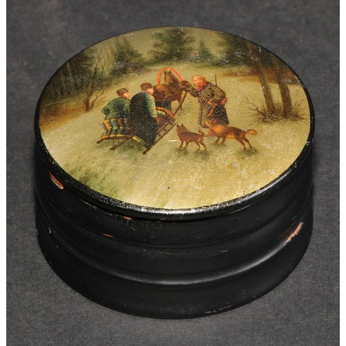 1194 - A Russian lacquer circular box and cover, decorated in polychrome with a sledge, 6.5cm diam, maker's... 