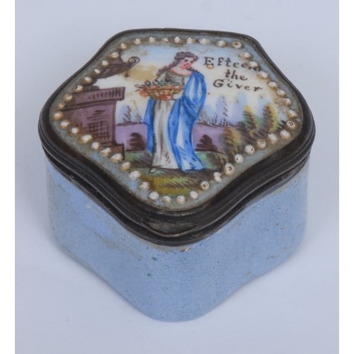 1172 - A 19th century enamel commode shaped patch box, the hinged cover painted with a personification of s... 