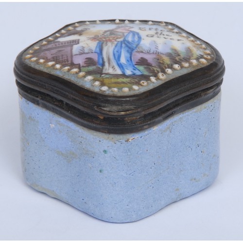 1172 - A 19th century enamel commode shaped patch box, the hinged cover painted with a personification of s... 