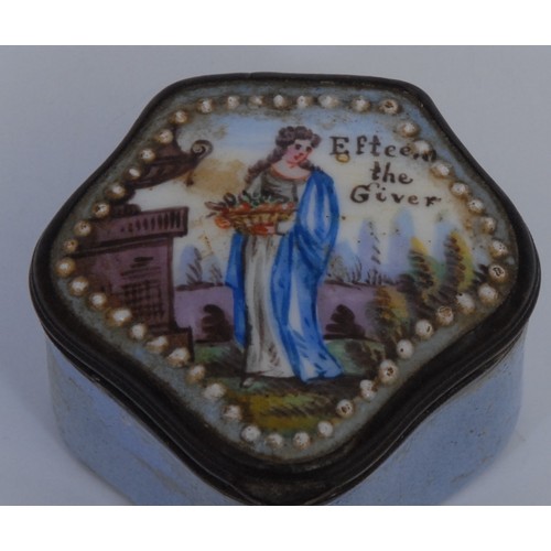 1172 - A 19th century enamel commode shaped patch box, the hinged cover painted with a personification of s... 