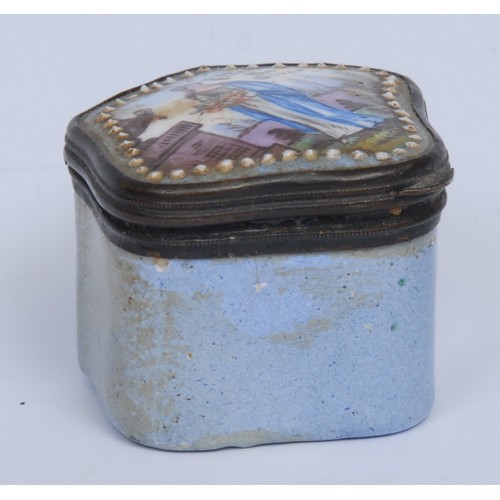 1172 - A 19th century enamel commode shaped patch box, the hinged cover painted with a personification of s... 