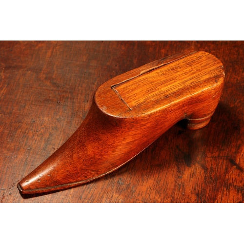 1177 - A 19th century mahogany novelty snuff box, as a shoe, sliding cover, 10cm long