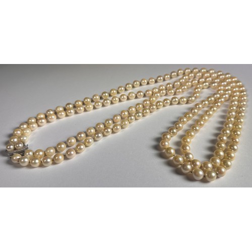 988 - A two string pearl necklace, the silver clasp set with two pearls, approximately 80cm total length