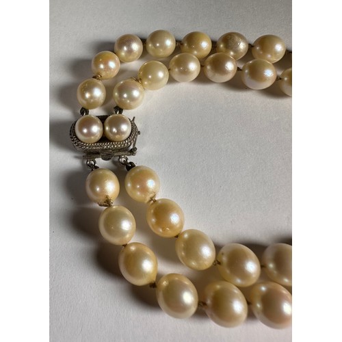 988 - A two string pearl necklace, the silver clasp set with two pearls, approximately 80cm total length