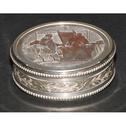 1162 - A 19th century French silvered snuff box, the cover engraved with a genre scene, Doux Propos Soulacr... 