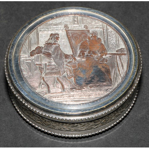 1162 - A 19th century French silvered snuff box, the cover engraved with a genre scene, Doux Propos Soulacr... 