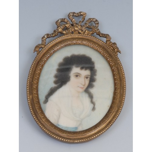 1166 - English School, 19th century, a portrait miniature, of a lady, head and shoulders, long black curly ... 