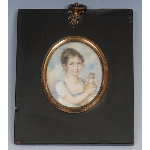 1167 - English School, 19th century, a portrait miniature, of a young girl with a doll, watercolour on ivor... 