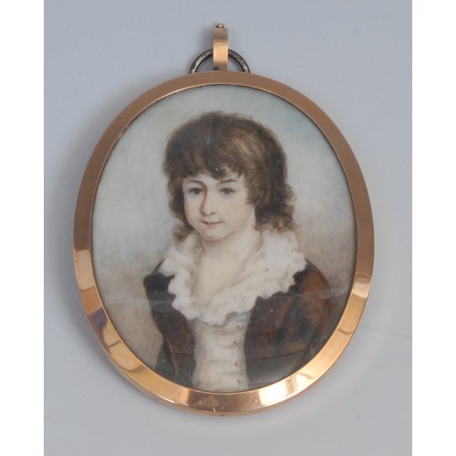 1169 - English School, 19th century, a portrait miniature, of a young boy, head and shoulders, wearing a br... 