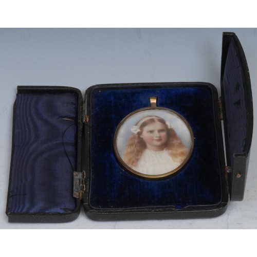 1170 - A portrait miniature on ivory, young girl with long ribbon tied hair, blue velvet and satin lined ca... 