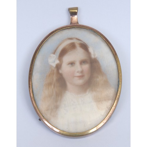 1170 - A portrait miniature on ivory, young girl with long ribbon tied hair, blue velvet and satin lined ca... 