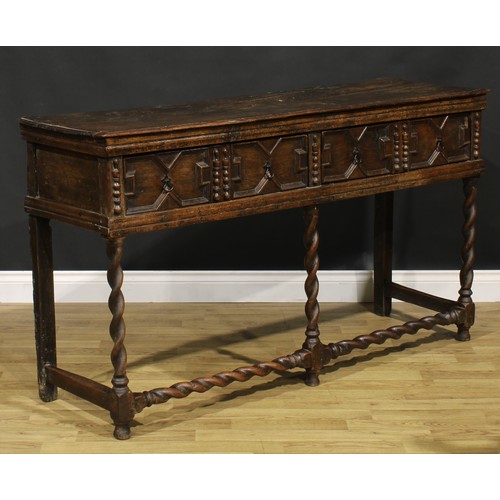 1625 - A Charles II oak low block front dresser, moulded oversailing top above two drawers, applied with ge... 