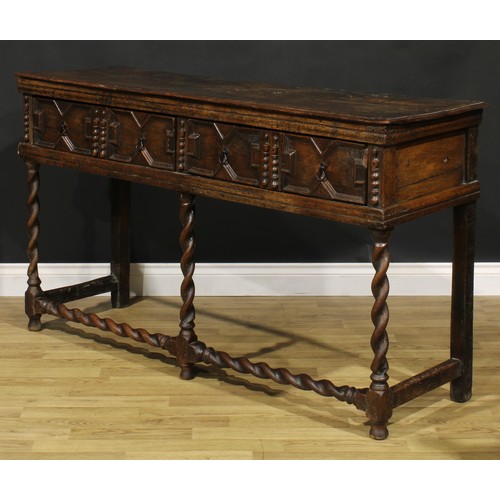 1625 - A Charles II oak low block front dresser, moulded oversailing top above two drawers, applied with ge... 