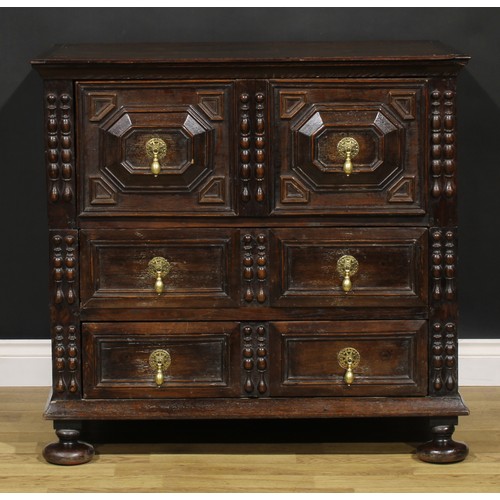 1622 - A Charles II oak chest, rectangular top above three drawers, applied with geometric mouldings and sp... 