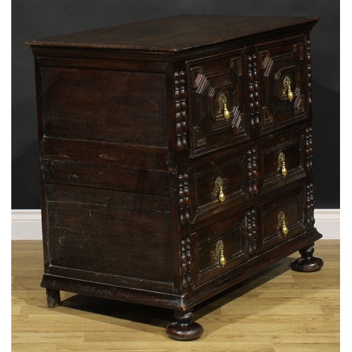 1622 - A Charles II oak chest, rectangular top above three drawers, applied with geometric mouldings and sp... 