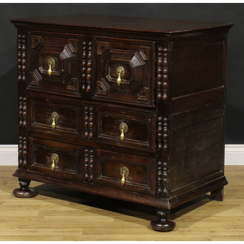 1622 - A Charles II oak chest, rectangular top above three drawers, applied with geometric mouldings and sp... 