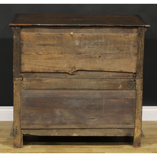 1622 - A Charles II oak chest, rectangular top above three drawers, applied with geometric mouldings and sp... 