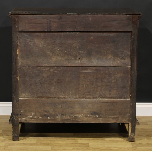 2085 - An early 18th century oak chest, three plank top with moulded edge above two short and three long gr... 