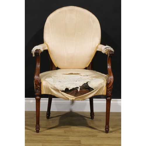 1594 - A pair of 19th century French Hepplewhite mahogany elbow chairs, each with scroll hand rests, fluted... 