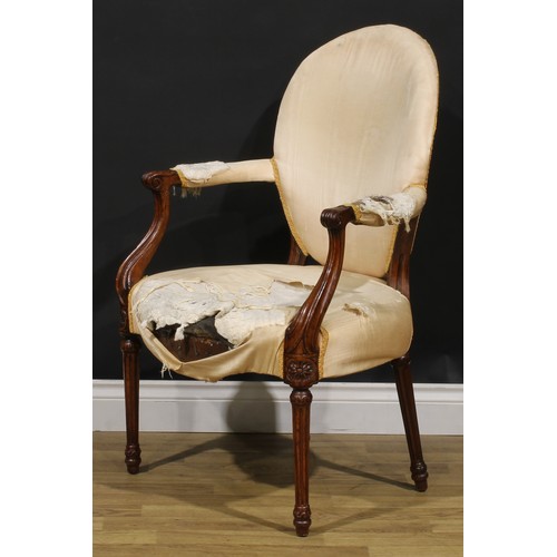 1594 - A pair of 19th century French Hepplewhite mahogany elbow chairs, each with scroll hand rests, fluted... 