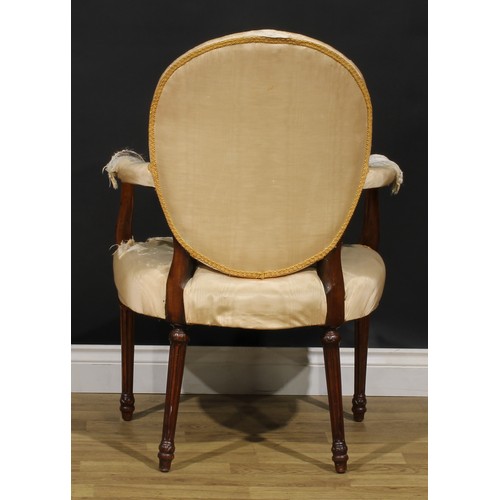 1594 - A pair of 19th century French Hepplewhite mahogany elbow chairs, each with scroll hand rests, fluted... 