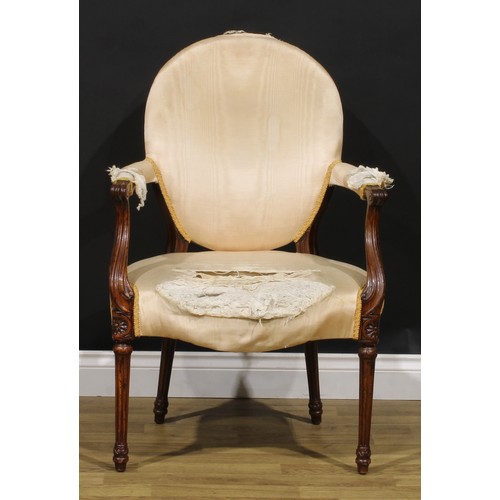 1594 - A pair of 19th century French Hepplewhite mahogany elbow chairs, each with scroll hand rests, fluted... 