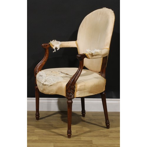 1594 - A pair of 19th century French Hepplewhite mahogany elbow chairs, each with scroll hand rests, fluted... 