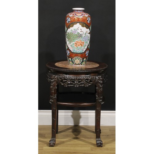 1631 - A Chinese hardwood fish bowl or jardiniere stand, circular top with beaded border and inset marble p... 