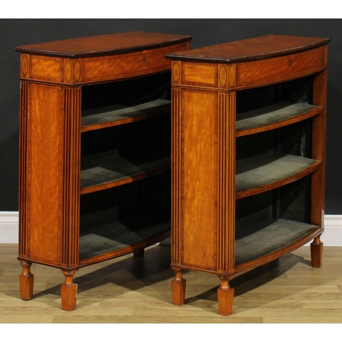 1604 - A pair of Sheraton Revival tulipwood banded satinwood library pier bookcases, each with a slightly o... 