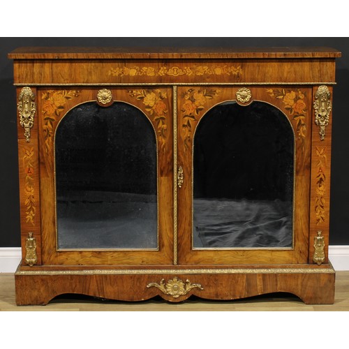 2088 - A Victorian gilt metal mounted walnut and marquetry side cabinet, oversailing top above a deep friez... 