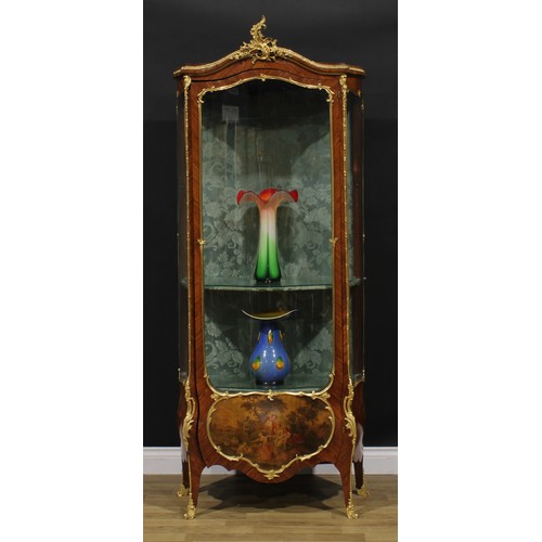 1593 - A Louis XV Revival gilt metal mounted kingwood and vernis Martin vitrtine, the lower section painted... 