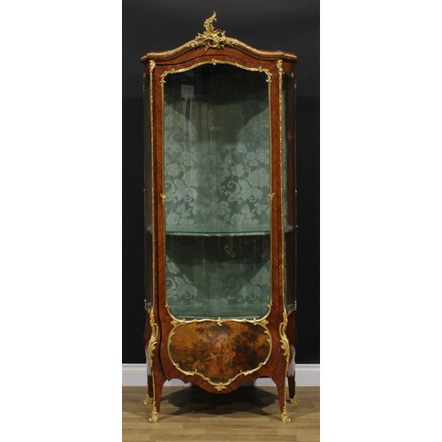 1593 - A Louis XV Revival gilt metal mounted kingwood and vernis Martin vitrtine, the lower section painted... 