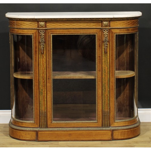 2090 - A Victorian gilt metal mounted walnut and fiddleback mahogany credenza, marble top above a glazed do... 