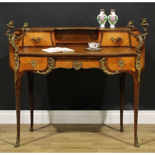 1587 - A French Louis XV Revival gilt metal mounted kingwood and rosewood writing desk, shaped superstructu... 