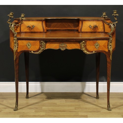 1587 - A French Louis XV Revival gilt metal mounted kingwood and rosewood writing desk, shaped superstructu... 