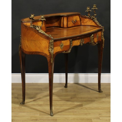 1587 - A French Louis XV Revival gilt metal mounted kingwood and rosewood writing desk, shaped superstructu... 