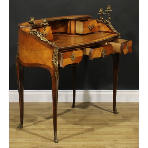 1587 - A French Louis XV Revival gilt metal mounted kingwood and rosewood writing desk, shaped superstructu... 