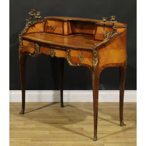 1587 - A French Louis XV Revival gilt metal mounted kingwood and rosewood writing desk, shaped superstructu... 