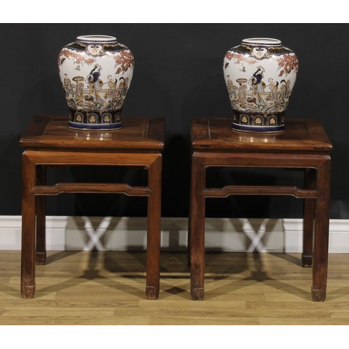 1595 - A pair of Chinese hardwood waisted square fish bowl or jardiniere stands, humpback stretchers, 51cm ... 