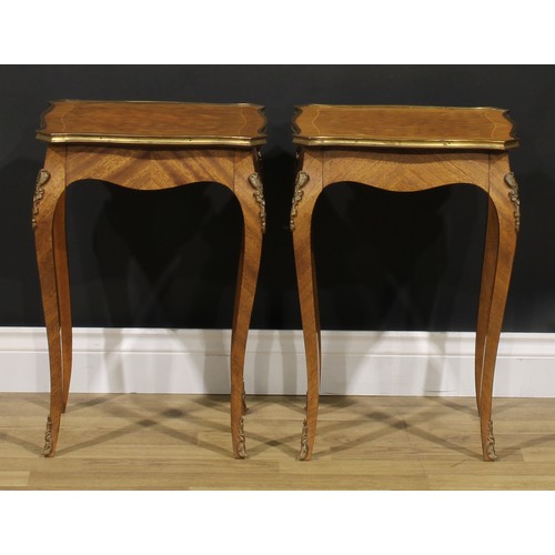 1600 - A pair of Louis XV Revival gilt metal mounted urn or lamp tables, parquetry top, French cabriole leg... 