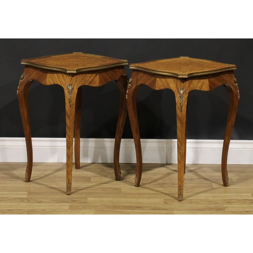 1600 - A pair of Louis XV Revival gilt metal mounted urn or lamp tables, parquetry top, French cabriole leg... 