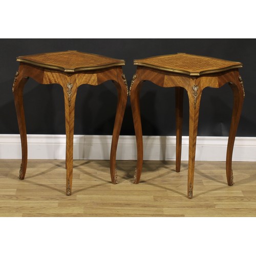 1600 - A pair of Louis XV Revival gilt metal mounted urn or lamp tables, parquetry top, French cabriole leg... 