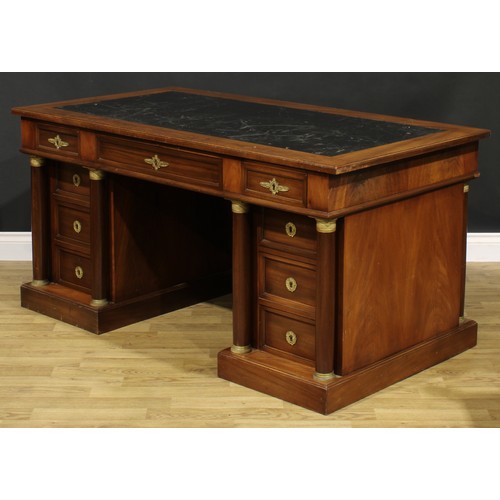 1585 - A French Empire design gilt metal mounted mahogany twin pedestal desk, rectangular top with inset to... 