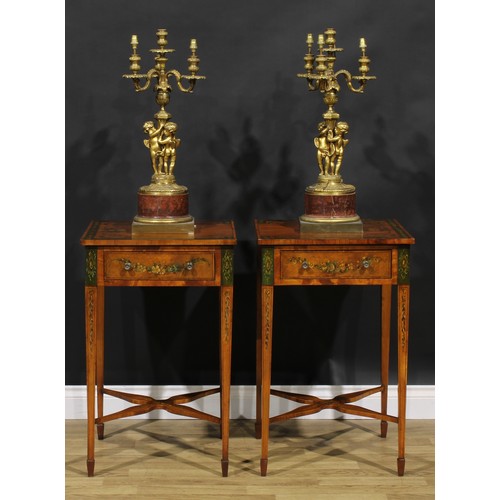 1605 - A pair of Sheraton Revival tulipwood crossbanded satinwood and painted lamp tables, each painted wit... 