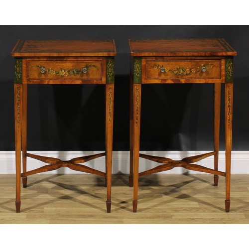 1605 - A pair of Sheraton Revival tulipwood crossbanded satinwood and painted lamp tables, each painted wit... 