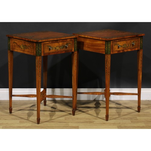 1605 - A pair of Sheraton Revival tulipwood crossbanded satinwood and painted lamp tables, each painted wit... 