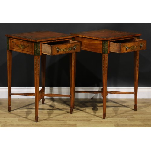 1605 - A pair of Sheraton Revival tulipwood crossbanded satinwood and painted lamp tables, each painted wit... 